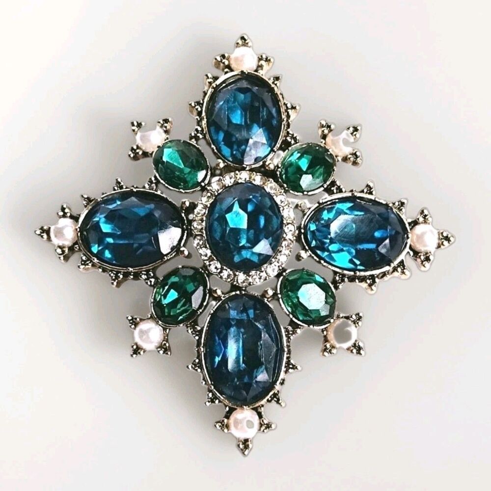 Anne Klein Blue Green Rhinestone Pearl Brooch Maltese Cross Vintage Style Pin